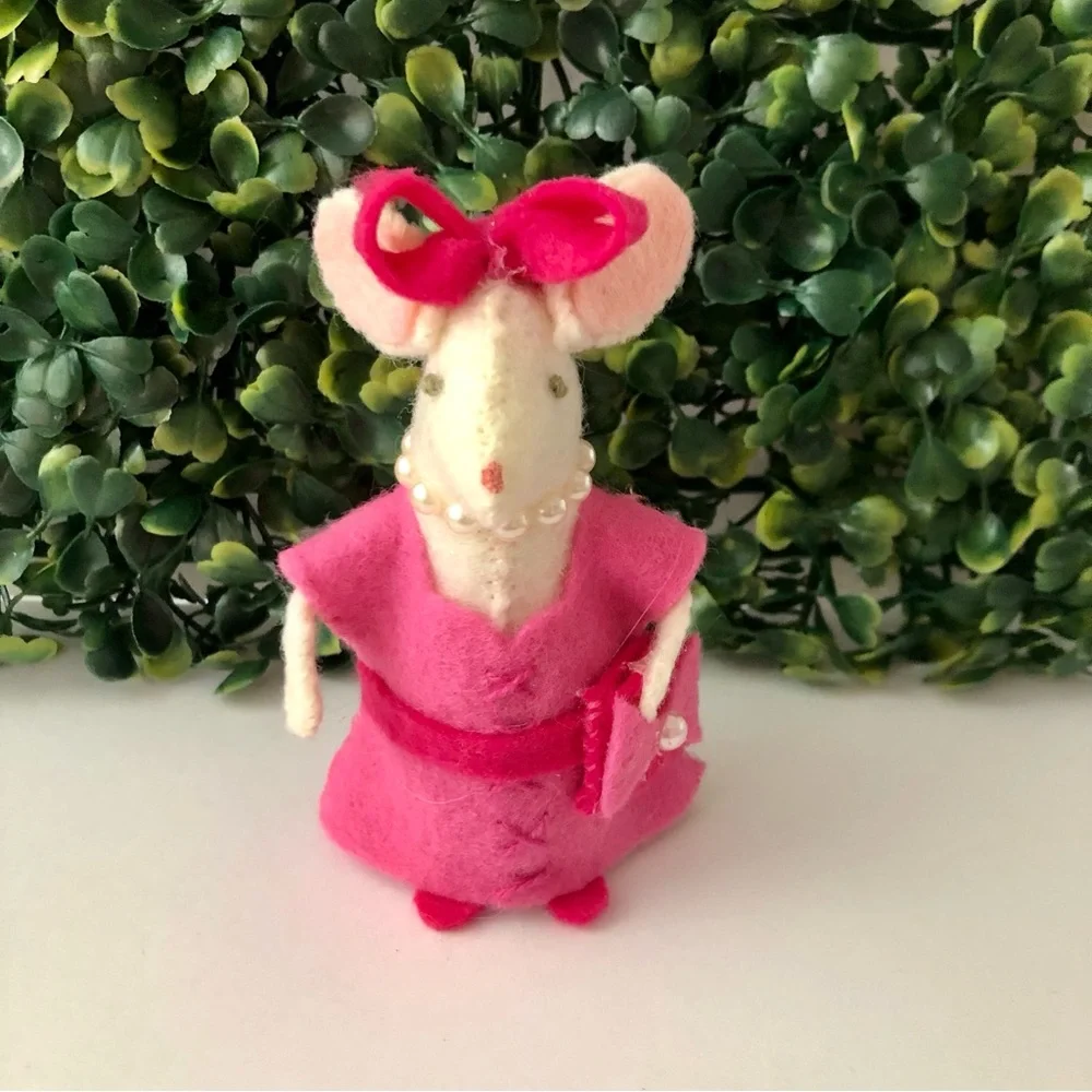 Hot Pink Dress Felt Mouse Art Doll Cake Topper hand-sewn handmade